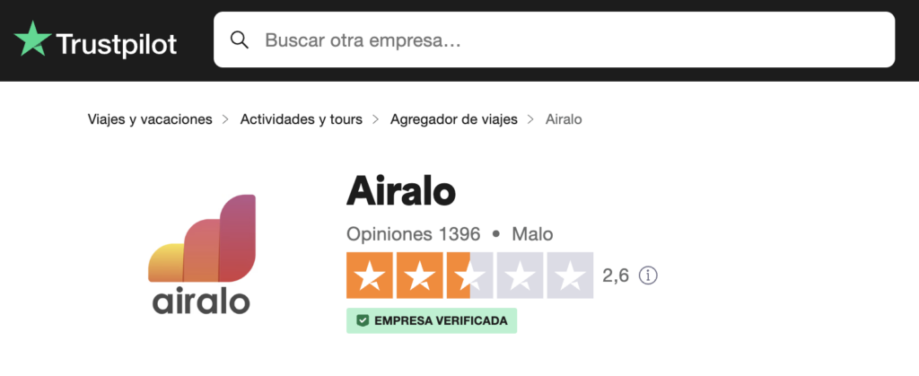 Opinião da Airalo na Trustpilot