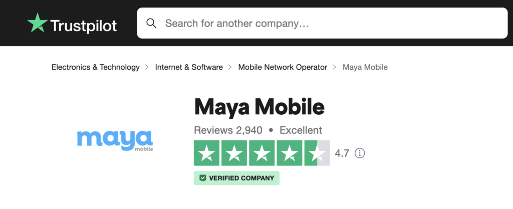 Avaliação da Maya na Trustpilot