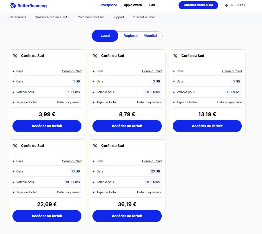 Forfaits de données BetterRoaming pour la Corée du Sud.